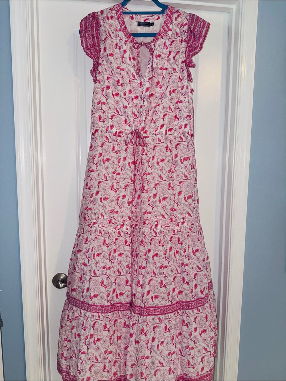Vineyard Vines Pink and White Floral Tiered Tie-Waist Maxi Dress